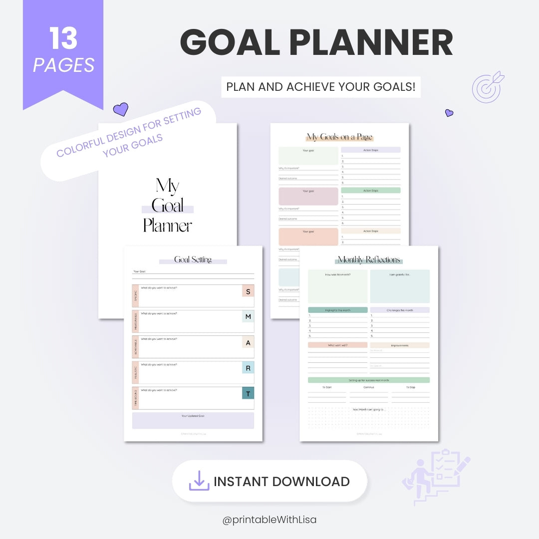 Goal Planner Kit, Goals Tracker, SMART Goal Setting, New Year, Monthly Habits Reflections, Productivity