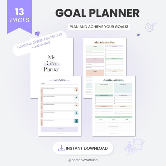 Goal Planner Kit, Goals Tracker, SMART Goal Setting, New Year, Monthly Habits Reflections, Productivity