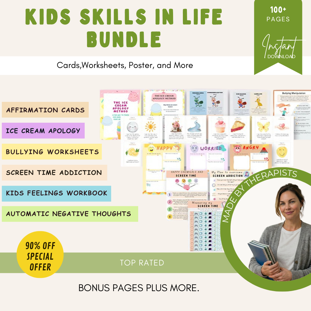 Kids skills in life essential bundle, 90% off, over 240 products. Therapy worksheets, calming corner, coping skills, anxiety, CBT worries Wiseovia