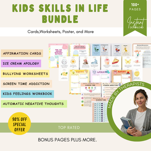 Kids skills in life essential bundle, 90% off, over 240 products. Therapy worksheets, calming corner, coping skills, anxiety, CBT worries Wiseovia