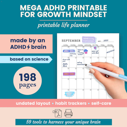 Mega ADHD Printable For Growth Mindset, ADHD Journal, ADHD Productivity Planner, ADHD Life Planner, Printable ADHD Planner Wiseovia