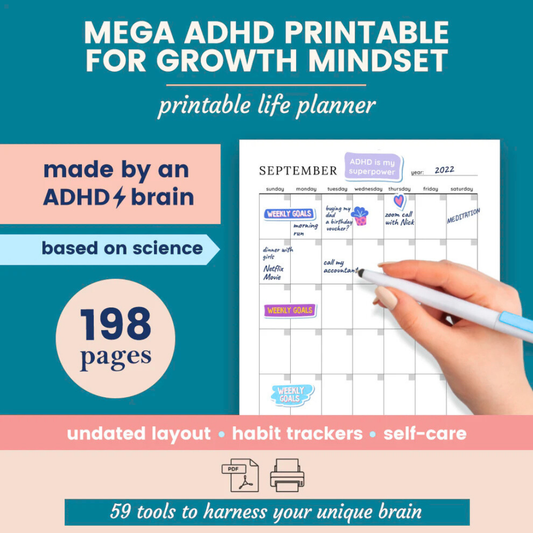 Mega ADHD Printable For Growth Mindset, ADHD Journal, ADHD Productivity Planner, ADHD Life Planner, Printable ADHD Planner Wiseovia