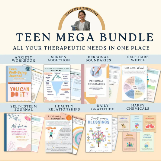 Teen mega 90% off bundle, therapy worksheets, healing journey, depression, anxiety, cognitive distortions, affirmations, boundaries Wiseovia