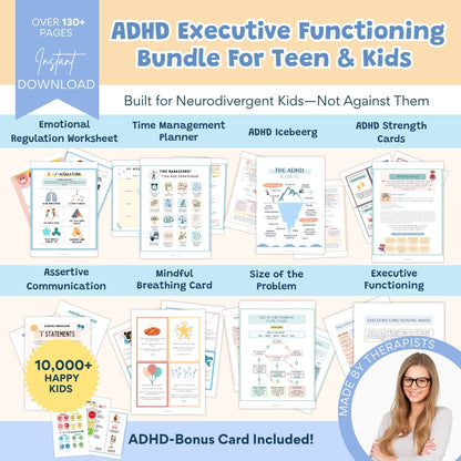 ADHD Executive Functioning Worksheet Bundle for Kids & Teens | Emotional Regulation, Time Management & Focus Tools (130+ Pages)