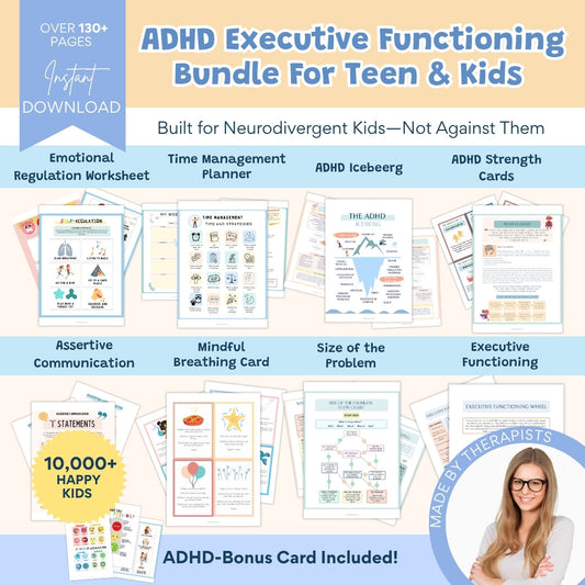 ADHD Executive Functioning Worksheet Bundle for Kids & Teens | Emotional Regulation, Time Management & Focus Tools (130+ Pages)