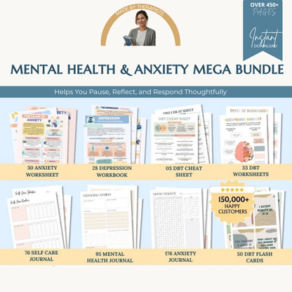Mental Health / Anxiety Bundle 90% off bundle, DBT Flash Card, DBT Cheat Sheet, DBT Worksheet, Mental Health Journal, Self-Care Planner, Anxiety Journal Wiseovia