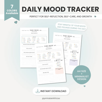 Daily Mood Tracker Printable, Self Care Journal, Mood Journal, Mental Health Tracker, Anxiety Tracker