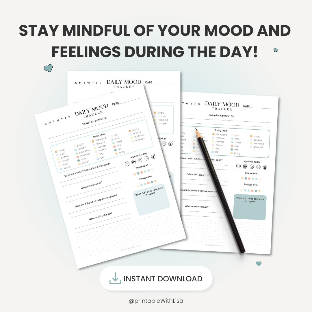 Daily Mood Tracker Printable, Self Care Journal, Mood Journal, Mental Health Tracker, Anxiety Tracker