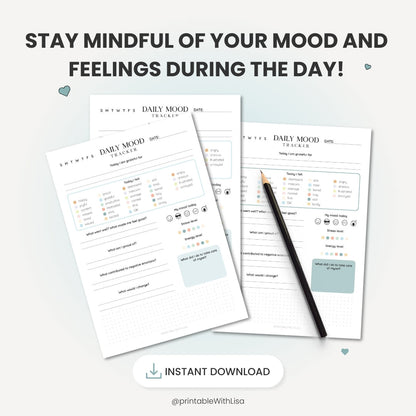 Daily Mood Tracker Printable, Self Care Journal, Mood Journal, Mental Health Tracker, Anxiety Tracker