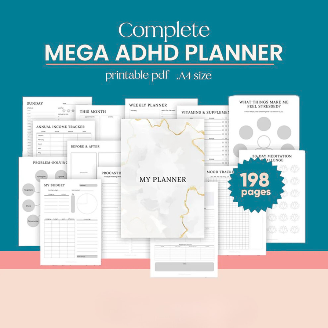 Mega ADHD Printable For Growth Mindset, ADHD Journal, ADHD Productivity Planner, ADHD Life Planner, Printable ADHD Planner Wiseovia