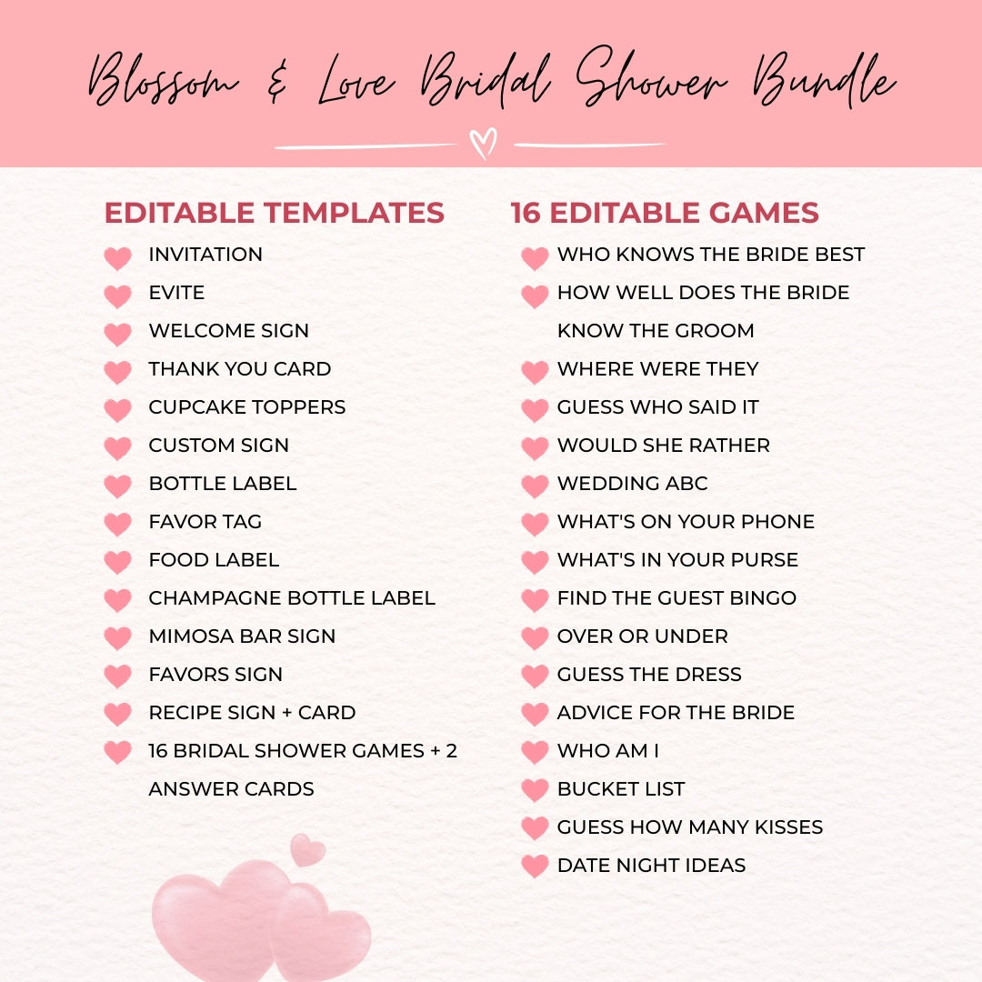 Blossom & Love Bridal Shower Collection – Elegant Templates & Fun Games for a Perfect Celebration
