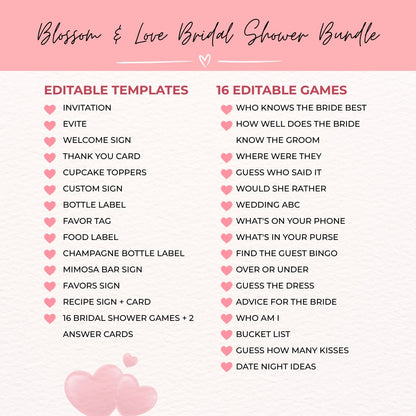 Blossom & Love Bridal Shower Collection – Elegant Templates & Fun Games for a Perfect Celebration