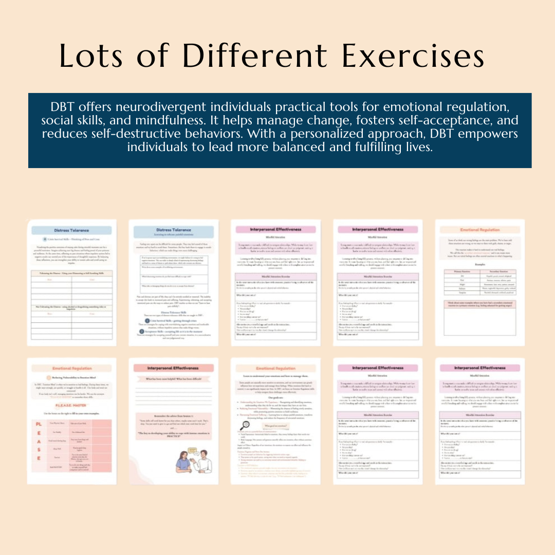 Neurodivergent Friendly DBT Skills, DBT Worksheets, DBT, Emotional Regulation, Neurodivergent, Autism, bpd, therapy worksheets, borderline Wiseovia