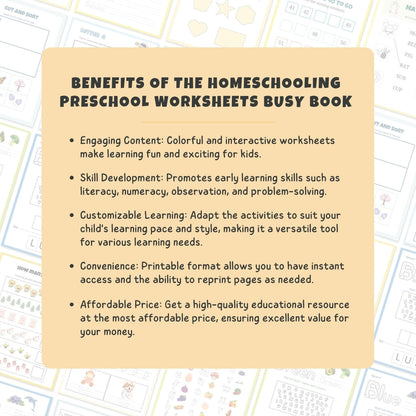 HOMESCHOOLING Kindergarten Busy Book, 90% Off! | 200+ Preschool & Toddler Worksheets | Kindergarten Curriculum | Level 1 - Pre-K Printables | Toddler Activity Book