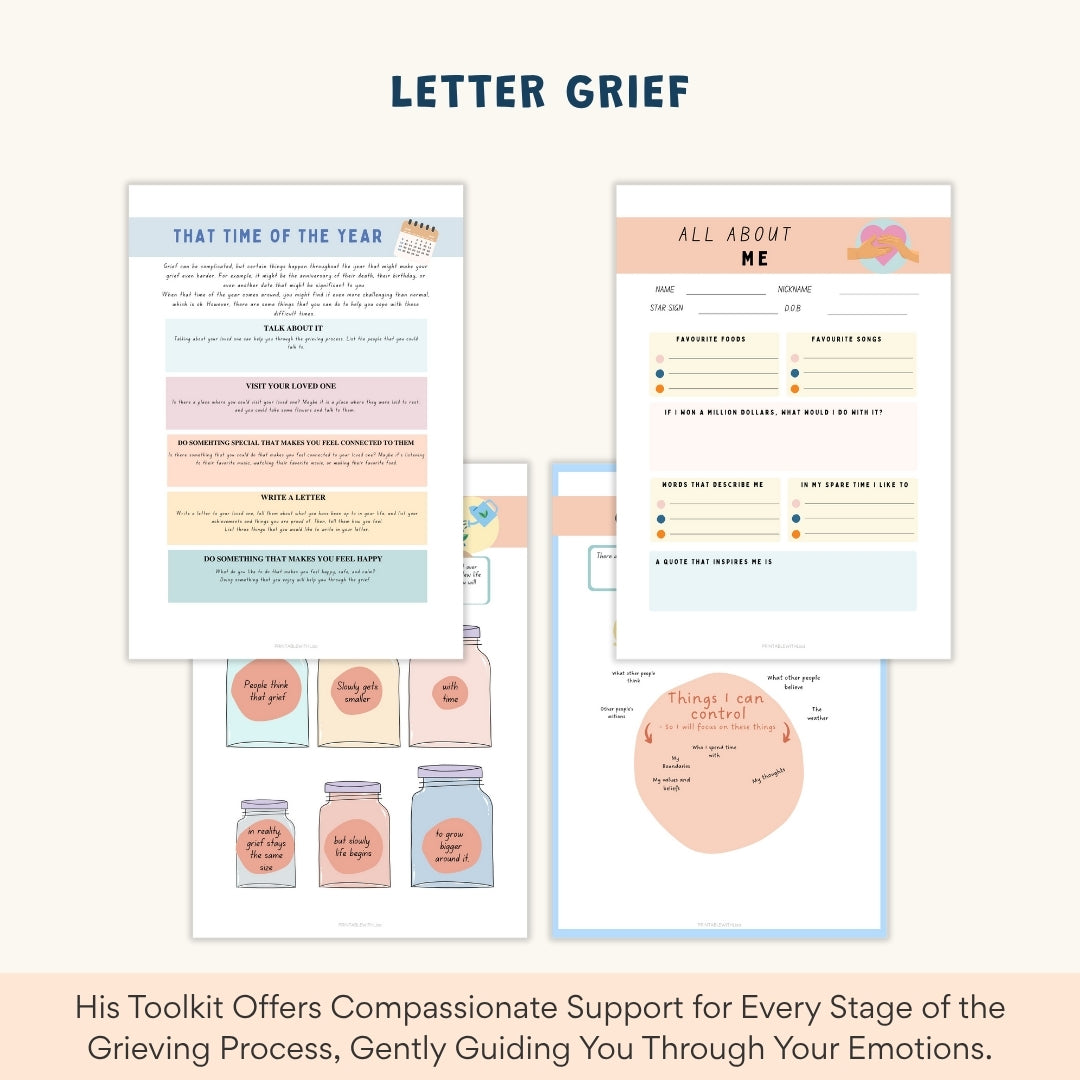 Grief and Loss Therapy Workbook Bundle – 140+ Pages of Healing Tools for Kids, Teens & Adults