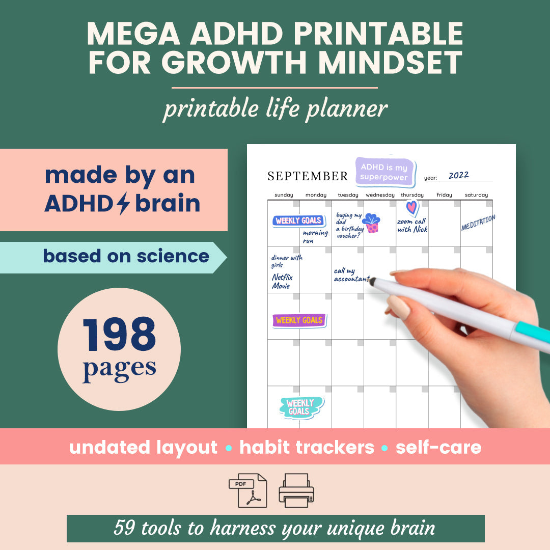 Mega ADHD Printable For Growth Mindset, ADHD Journal, ADHD Productivity Planner, ADHD Life Planner, Printable ADHD Planner