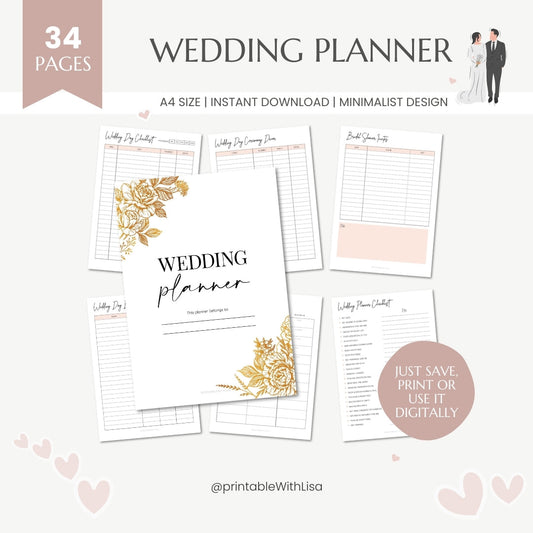Wedding Planner | 34 Page Printable Wedding Organizer for Bride & Groom, Checklist, Budget & Timeline